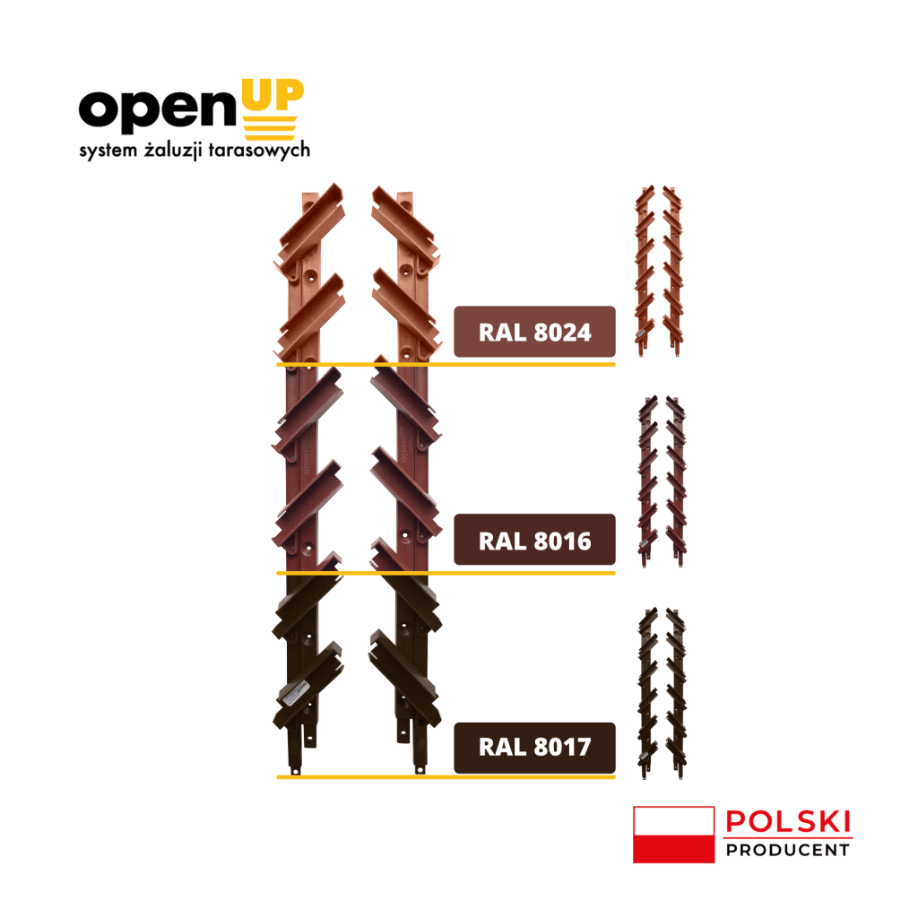 brązowy uchwyt do żaluzji tarasowych OpenUp system, 3 odcienie brązu