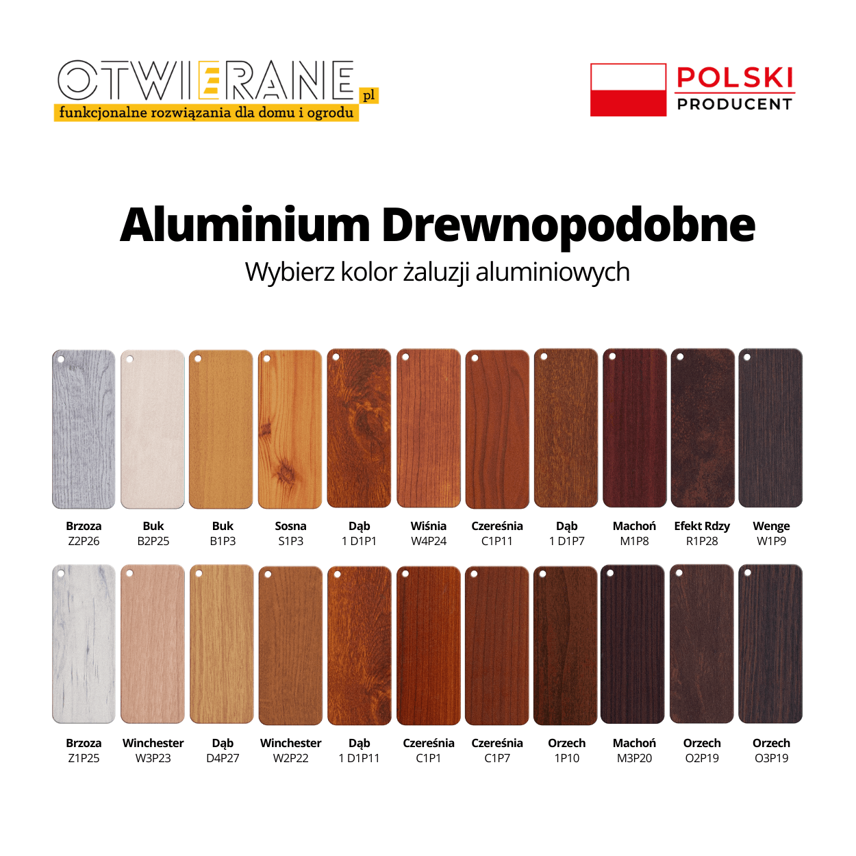 Wzornik kolorów lamele aluminiowe drewnopodobne Otwierane.pl
