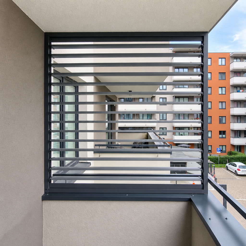 Balcony enclosure in a block of flats, extending from the balustrade to the ceiling with OpenUp System retractable patio blinds