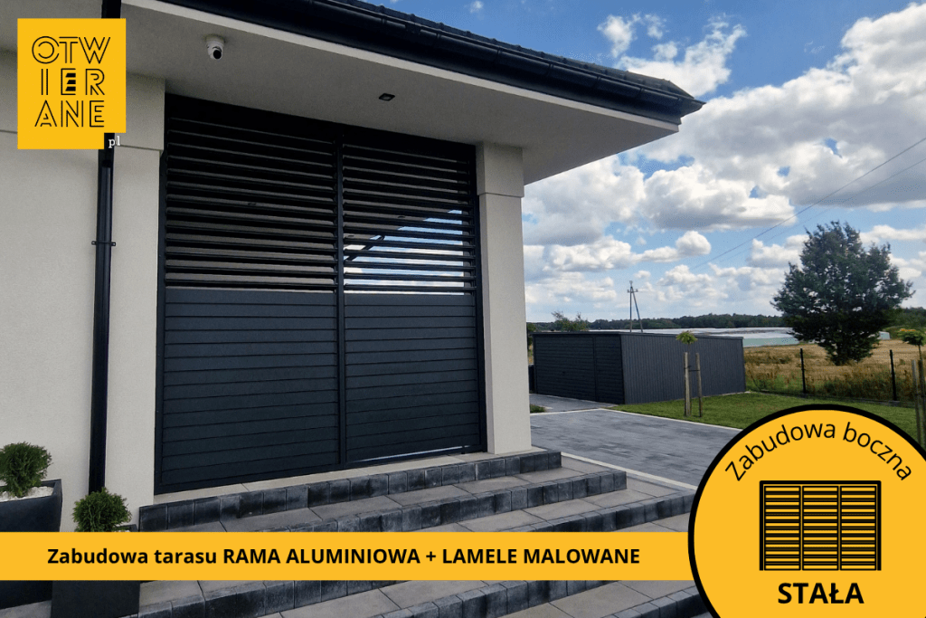 Zabudowa tarasu Potworów rama aluminium + lamele aluminiowe malowane