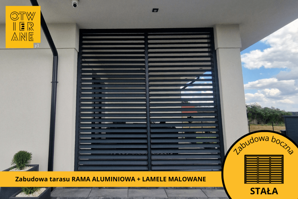 Zabudowa tarasu Potworów rama aluminium + lamele aluminiowe malowane