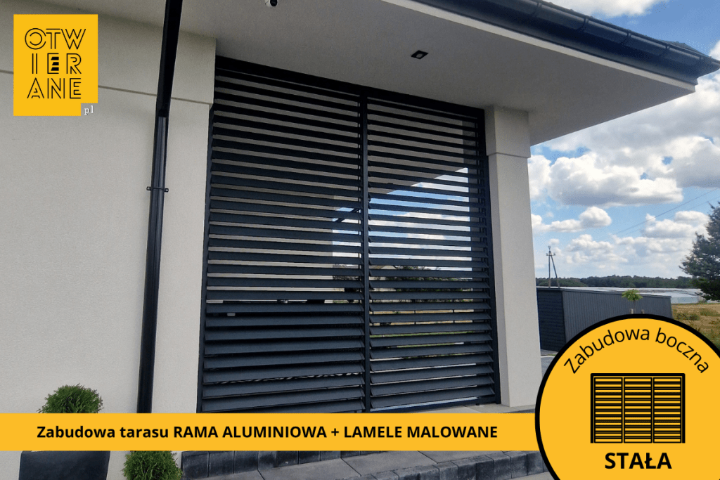 Zabudowa tarasu Potworów rama aluminium + lamele aluminiowe malowane
