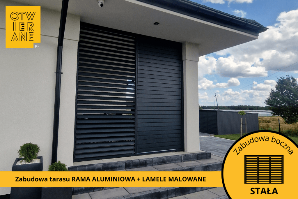 Zabudowa tarasu Potworów rama aluminium + lamele aluminiowe malowane