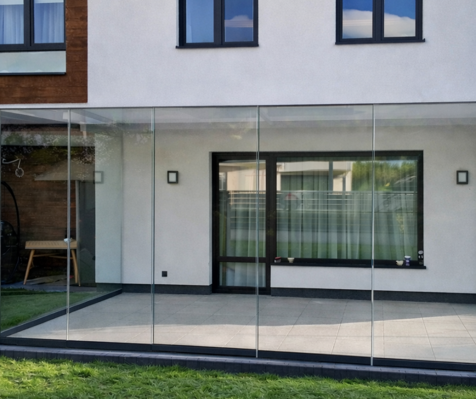 stała zabudowa tarasu szkłem system bezramowy